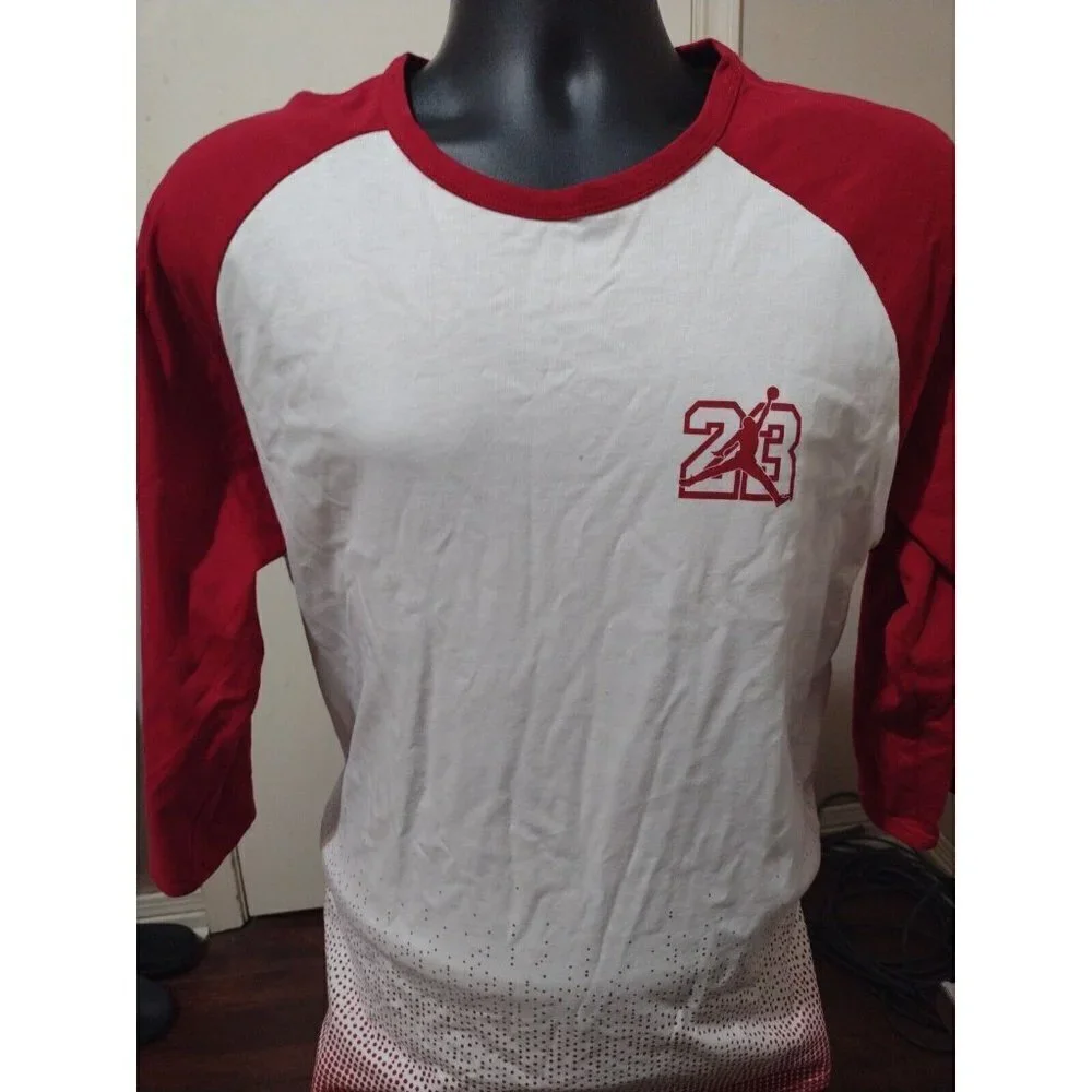 Air Jordan 3/4 Sleeve Pullover T-Shirt Short White Red Cotton Size XL Men's